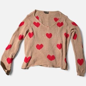 Wooden Ships Heart Patterned Tan and Red Sweater size S/M